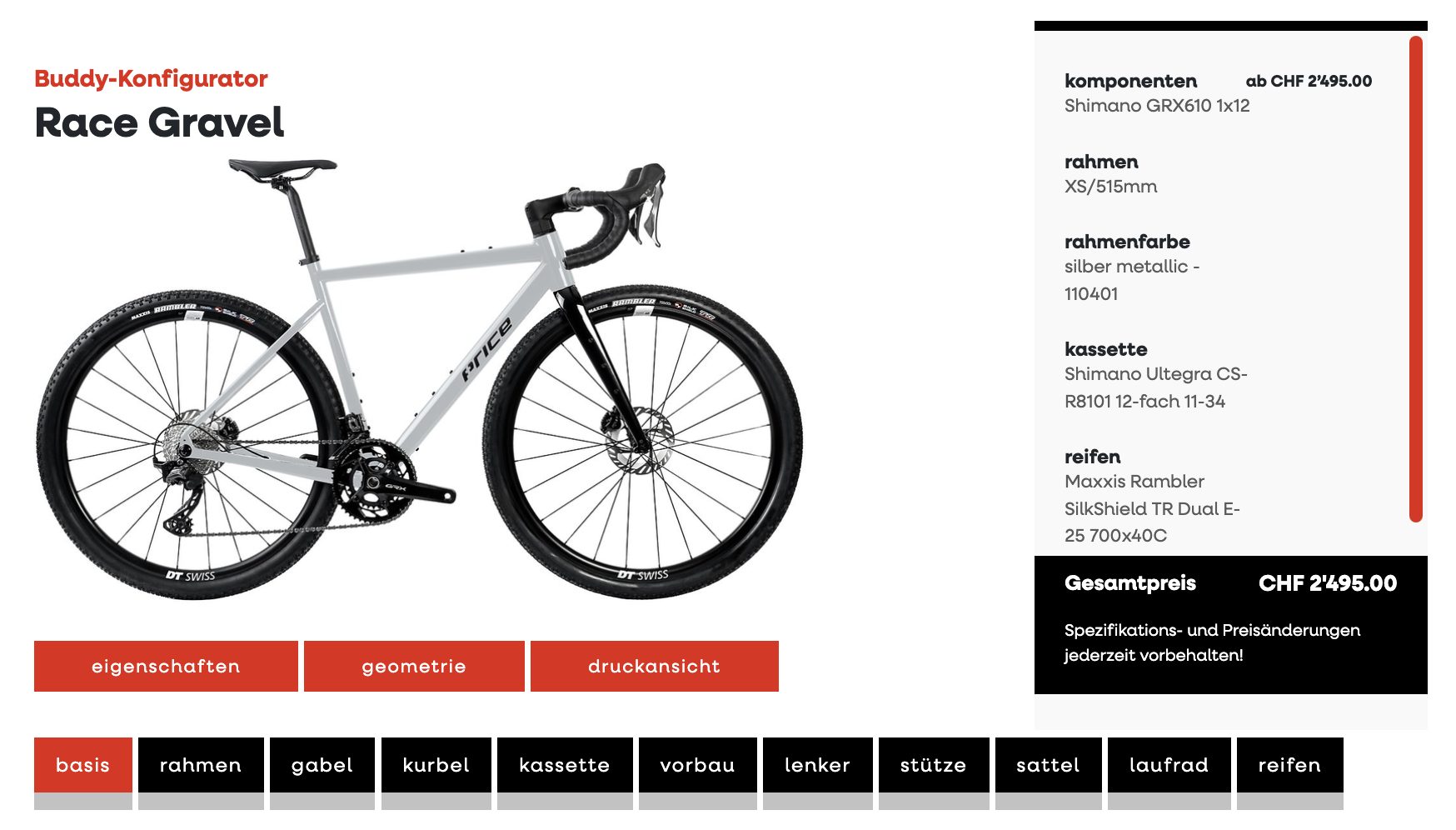 Bike Konfigurator f&uuml;r ein PRICE Rennvelo