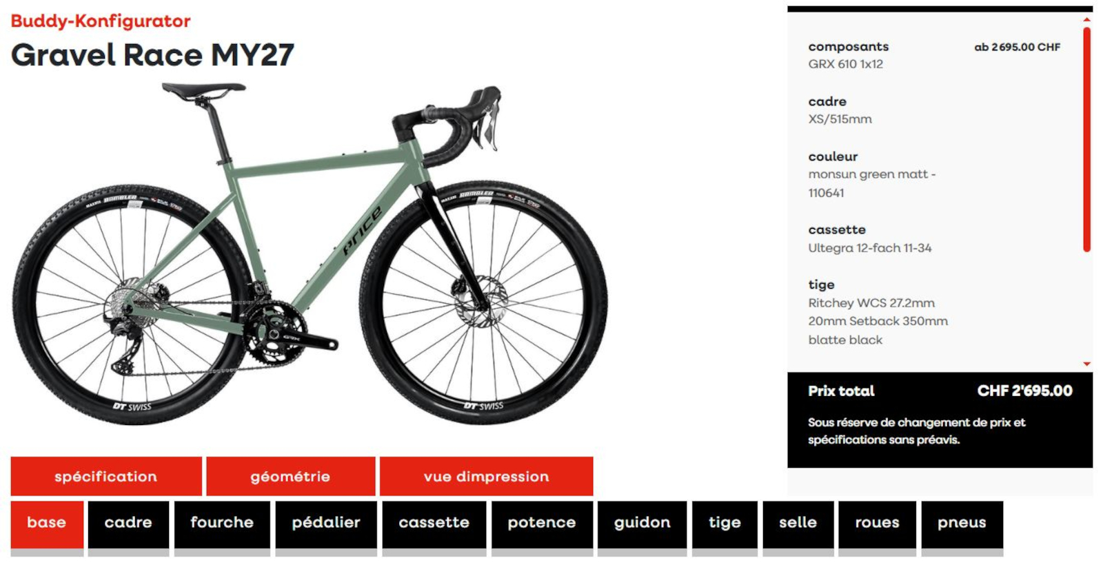 Configurateur de v&eacute;lo avec le Gravel Race, aper&ccedil;u des composants et prix