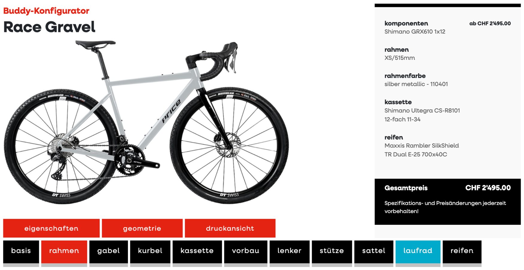 Bike Konfigurator für ein PRICE Tourenvelo